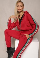 Czerwony Komplet Dresowy z Kolorowym Lampasem Bluza z Kapturem i Spodnie Joggery Nevarielles. Czerwone bluzy damskie Renee, l, bez wzorów, z dresówki, sportowe, bez ramiączek, z kapturem. Za 99.99 zł.