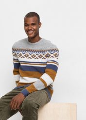 Sweter w norweski wzór. Brązowe swetry męskie bonprix, l, bez wzorów, bez kołnierzyka, bez ramiączek. Za 109.99 zł.