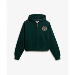 Damska bluza z kapturem zapinana na zamek Superdry Country Club Ziphood. Zielone bluzy damskie Superdry, bez wzorów, bez ramiączek, z kapturem. Za 338.85 zł.