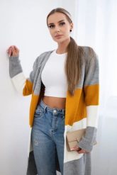 Sweter Kardigan w pasy szary+musztardowy. Szare kardigany damskie KESI, l, bez wzorów, z wełny, bez kołnierzyka, plus size. Za 178.78 zł.