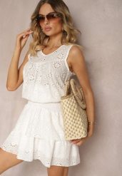 Biała Ażurowa Bluzka Top z Bawełny Bez Rękawów Aalnea. Białe topy damskie Renee, l, w ażurowe wzory, z bawełny, eleganckie, bez kołnierzyka, bez ramiączek. Za 39.99 zł.