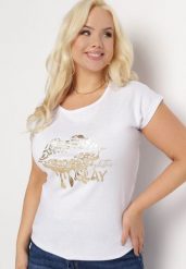 Biały T-shirt z Metalicznym Złotym Nadrukiem Slay Khaji. Białe t-shirty damskie Born2be, xl, bez wzorów, bez kołnierzyka, bez ramiączek. Za 49.99 zł.