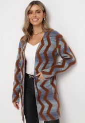 Niebiesko-Brązowy Luźny Kardigan w Geometryczny Wzór Goitom. Niebieskie kardigany damskie Born2be, bez wzorów, bez kołnierzyka. Za 129.99 zł.