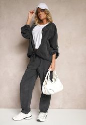 Ciemnoszare Bawełniane Spodnie High Waist w Klasycznym Stylu Arivora. Szare spodnie materiałowe damskie Renee, bez wzorów, z bawełny, eleganckie, z podwyższonym stanem. Za 119.99 zł.