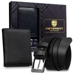 Zestaw prezentowy: skórzany, pionowy portfel męski w czarnym kolorze z systemem RFID i pasek ze skóry ekologicznej - Peterson. Czarne portfele męskie Peterson, bez wzorów, ze skóry ekologicznej. Za 109.00 zł.