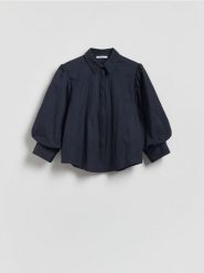 Koszula z bufiastymi rękawami - granatowy. Niebieskie koszule damskie Reserved, l, bez wzorów, z bawełny, bez kołnierzyka, bez ramiączek. Za 139.99 zł.