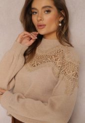 Beżowy Sweter Dzianinowy z Wstawką z Koronki Laroline. Brązowe swetry nierozpinane damskie Renee, bez wzorów, z dzianiny, casualowe, bez kołnierzyka, bez ramiączek. Za 159.99 zł.