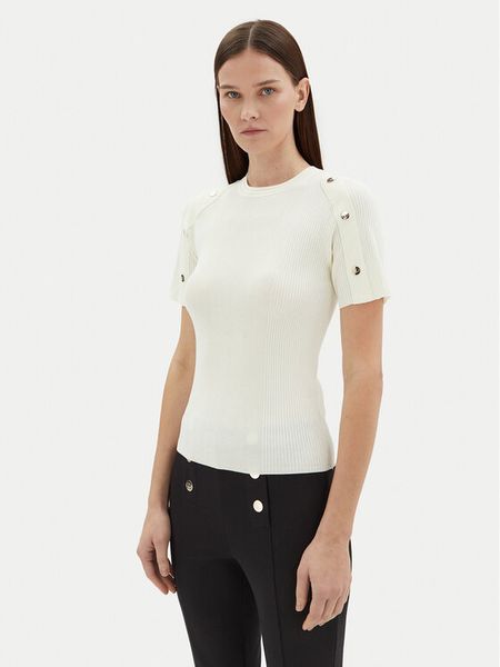 Motivi Sweter M5876000937N Biały Slim Fit. Białe swetry nierozpinane damskie Motivi, m, bez wzorów, z wiskozy, bez kołnierzyka, bez ramiączek. Za 109.99 zł.