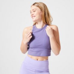 Koszulka bez rękawów damska Nyamba Gym & Pilates 520 crop top. Brązowe topy damskie NYAMBA, s, bez wzorów, z bawełny, sportowe, bez kołnierzyka, bez ramiączek. W wyprzedaży za 29.99 zł.