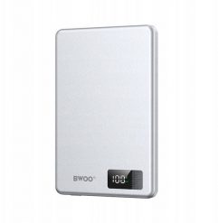 BWOO ultracienki power bank magnetyczny P75 PD 20W 5000 mAh w aluminiowej obudowie z wyświetlaczem i portem USB-C srebrny. Szare powerbanki Wekome. Za 63.54 zł.