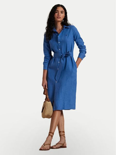 Polo Ralph Lauren Sukienka koszulowa 211943992004 Niebieski Regular Fit. Niebieskie sukienki damskie Polo Ralph Lauren, bez wzorów, ze lnu, bez kołnierzyka, bez ramiączek, koszulowe. Za 689.99 zł.