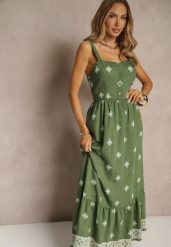 Zielona Sukienka z Wiskozą o Rozkloszowanym Kroju na Ramiączkach w Boho Print Leaella. Zielone sukienki damskie Renee, na co dzień, l, bez wzorów, z wiskozy, boho, bez kołnierzyka, bez ramiączek, midi, rozkloszowane. Za 84.99 zł.