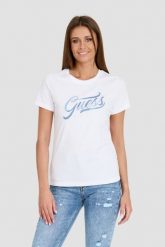 GUESS Biały T-shirt STONES&EMBRO TEE. Białe t-shirty damskie Guess, s, z aplikacjami, bez kołnierzyka, bez ramiączek. W wyprzedaży za 202.99 zł.
