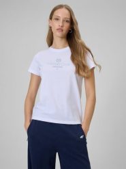 4F T-shirt regular z nadrukiem damski - biały M. Białe t-shirty damskie 4F, m, bez wzorów, z dzianiny, bez kołnierzyka, bez ramiączek. Za 59.99 zł.