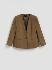 Gładka marynarka - oliwkowy. Zielone marynarki i żakiety damskie Reserved, bez wzorów, z tkaniny, bez kołnierzyka, bez ramiączek. Za 199.99 zł.