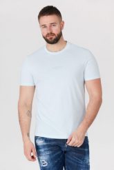 GUESS Błękitny t-shirt męski z aplikacją z logo. Niebieskie t-shirty męskie Guess, m, z aplikacjami, bez kołnierzyka, bez ramiączek. W wyprzedaży za 99.99 zł.