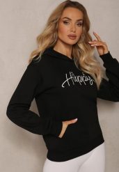 Czarna Bluza Ozdobiona Napisem z Kangurkową Kieszenią i Kapturem Hecconia. Czarne bluzy damskie Renee, l, bez wzorów, casualowe, bez ramiączek. Za 69.99 zł.