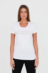 GUESS Biały t-shirt Stones Logo Tee. Białe t-shirty damskie Guess, s, z aplikacjami, z bawełny, bez kołnierzyka, bez ramiączek. W wyprzedaży za 202.99 zł.