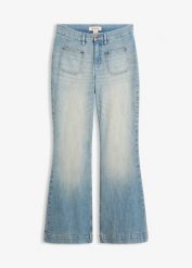 Dżinsy z rozszerzanymi nogawkami, mid waist. Niebieskie jeansy damskie bonprix, bez wzorów, z bawełny, z podwyższonym stanem, długie. Za 169.99 zł.