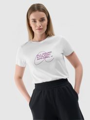 4F T-shirt slim z nadrukiem damski - biały XS. Białe t-shirty damskie 4F, xs, bez wzorów, z bawełny, klasyczne, bez kołnierzyka, bez ramiączek. W wyprzedaży za 29.99 zł.