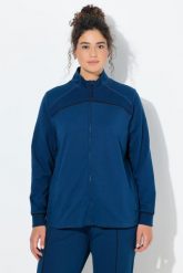 Damskie Bluza rozpinana wstawki prążkowane stójka długi rękaw. Niebieskie bluzy damskie Ulla Popken, plus size, bez wzorów, z bawełny, sportowe, bez ramiączek, z kapturem. Za 239.99 zł.