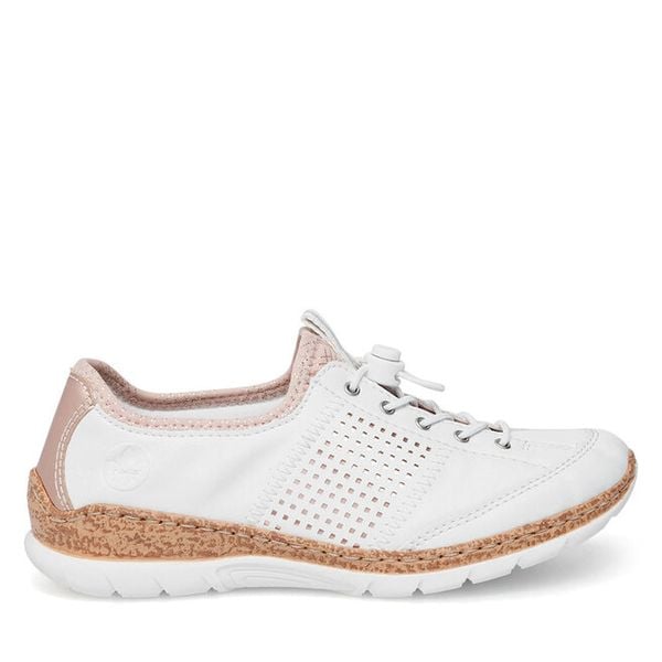 Półbuty Rieker. Białe półbuty damskie Rieker, bez wzorów, bez obcasa, na płaskiej podeszwie, bez zapięcia. Za 339.99 zł.