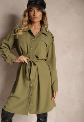 Zielona Sukienka o Koszulowym Kroju z Paskiem i Eleganckimi Guzikami Torlina. Zielone sukienki damskie Renee, do pracy, l, bez wzorów, biznesowe, bez kołnierzyka, bez ramiączek, midi, koszulowe. Za 119.99 zł.