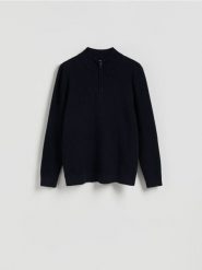 Sweter z rozpinaną stójką - granatowy. Niebieskie swetry męskie Reserved, l, bez wzorów, z bawełny, bez kołnierzyka, bez ramiączek. Za 159.99 zł.
