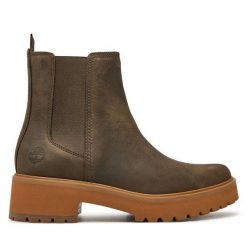 Botki Timberland. Brązowe botki damskie Timberland, bez wzorów, bez obcasa, na płaskiej podeszwie, bez zapięcia. Za 549.99 zł.