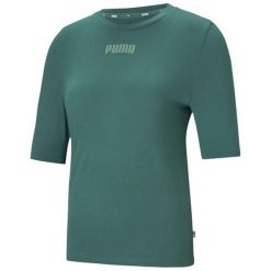 Koszulka damska Puma Modern Basics Tee Cloud zielona. Zielone bluzki damskie Puma, xs, bez wzorów, sportowe, bez kołnierzyka, bez ramiączek. Za 69.00 zł.