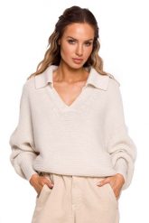 Sweter w Szpic z Kołnierzykiem - Słoniowa. Brązowe swetry nierozpinane damskie MOE, l, bez wzorów, z materiału, bez kołnierzyka, bez ramiączek. Za 228.90 zł.