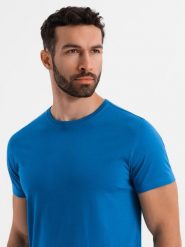 Męski klasyczny bawełniany T-shirt BASIC - niebieski V12 - Rozmiar: S. Niebieskie t-shirty męskie Ombre Clothing, m, bez wzorów, z bawełny, bez kołnierzyka, bez ramiączek. W wyprzedaży za 29.99 zł.