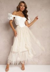Jasnobeżowa Spódnica High Waist z Gumką w Talii o Siateczkowym Wykończeniu Vikkissa. Brązowe spódnice damskie Renee, na spotkanie biznesowe, l, bez wzorów, eleganckie, z podwyższonym stanem, maxi, dopasowane. Za 119.99 zł.