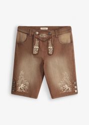 Jeansowe szorty w ludowym stylu, ze spraniem vintage, regular fit. Brązowe jeansy męskie bonprix, z jeansu, vintage. Za 179.99 zł.