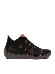 Rieker Botki CEO-72581-00 Czarny. Czarne botki damskie Rieker, bez wzorów, ze skóry, bez obcasa, na płaskiej podeszwie, bez zapięcia. Za 349.99 zł.