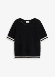 Sweter ażurowy z przędzy piórkowej. Czarne swetry nierozpinane damskie bonprix, w ażurowe wzory, eleganckie, bez kołnierzyka, bez ramiączek. Za 159.99 zł.