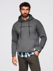 Bluza męska kangurka z haftem i kapturem – grafitowa V2. Szare bluzy męskie Ombre Clothing, m, bez wzorów, z bawełny, eleganckie, bez ramiączek, z kapturem. W wyprzedaży za 136.49 zł.