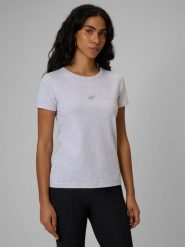 4F T-shirt slim gładki damski - szary L. Szare koszulki sportowe damskie 4F, l, bez wzorów, z materiału, bez ramiączek, na fitness i siłownię. Za 49.99 zł.