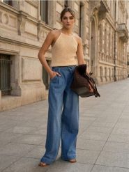 Jeansy palazzo z kieszeniami i materiałowym paskiem - niebieski. Niebieskie jeansy damskie Sinsay, bez wzorów, z jeansu. Za 59.99 zł.