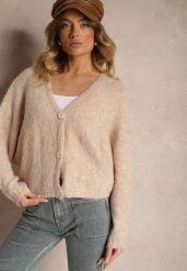 Beżowy Rozpinany Kardigan z Wełną i Trójkątnym Dekoltem Riarael. Brązowe kardigany damskie Renee, bez wzorów, z jeansu, bez kołnierzyka. Za 139.99 zł.