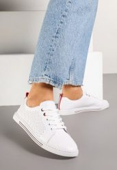 Białe Skórzane Tenisówki na Płaskiej Podeszwie ze Skórzaną Wkładką i Perforacją Ivelili. Białe trampki i tenisówki damskie Born2be, bez wzorów, z jeansu, bez zapięcia. Za 109.99 zł.