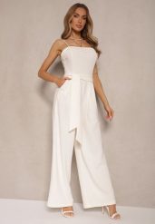 Jasnobeżowy Taliowany Kombinezon z Paskiem Desine. Brązowe sukienki damskie Renee, bez wzorów, eleganckie, bez kołnierzyka, bez ramiączek, dopasowane. Za 74.99 zł.