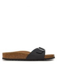 Birkenstock Klapki Madrid Bs 1020060 Czarny. Czarne klapki damskie Birkenstock, bez wzorów, ze skóry, bez obcasa, bez zapięcia. Za 329.00 zł.