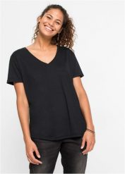 T-shirt z dekoltem w serek. Białe t-shirty damskie bonprix, bez wzorów, bez kołnierzyka, bez ramiączek. Za 37.99 zł.