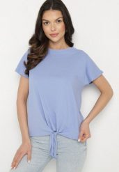 Niebieski T-shirt z Bawełny z Ozdobnym Wiązaniem Sunitra. Niebieskie t-shirty damskie Born2be, l, bez wzorów, z bawełny, klasyczne, bez kołnierzyka, bez ramiączek. Za 29.99 zł.