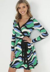Zielona Sukienka Kopertowa w Wzorzysty Print Jameka. Zielone sukienki damskie Born2be, na co dzień, l, bez wzorów, z materiału, bez kołnierzyka, bez ramiączek, mini, kopertowe. Za 49.99 zł.