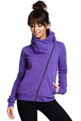 Sportowa Bluza Zapinana na Ukośny Zamek - Fioletowa. Fioletowe bluzy damskie MOE, l, bez wzorów, z bawełny, sportowe, bez ramiączek, bez kaptura. Za 273.90 zł.