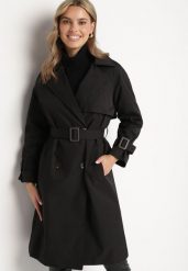 Czarny Płaszcz w Stylu Trencza Ozdobiony Paskiem z Klamrą Ninellira. Czarne płaszcze damskie Born2be, l, bez wzorów, z jeansu, eleganckie, bez kołnierzyka, bez kaptura. Za 229.99 zł.