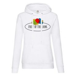 Damska Bluza Z Kapturem Z Nadrukiem Logo W Stylu Vintage. Białe bluzy damskie fruit of the loom, xs, bez wzorów, vintage, bez ramiączek, z kapturem. Za 97.99 zł.
