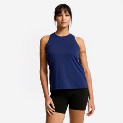 Koszulka fitness damska bez rękawów. Niebieskie koszulki sportowe damskie DOMYOS, l, bez wzorów, z elastanu, bez ramiączek, na fitness i siłownię. Za 39.99 zł.